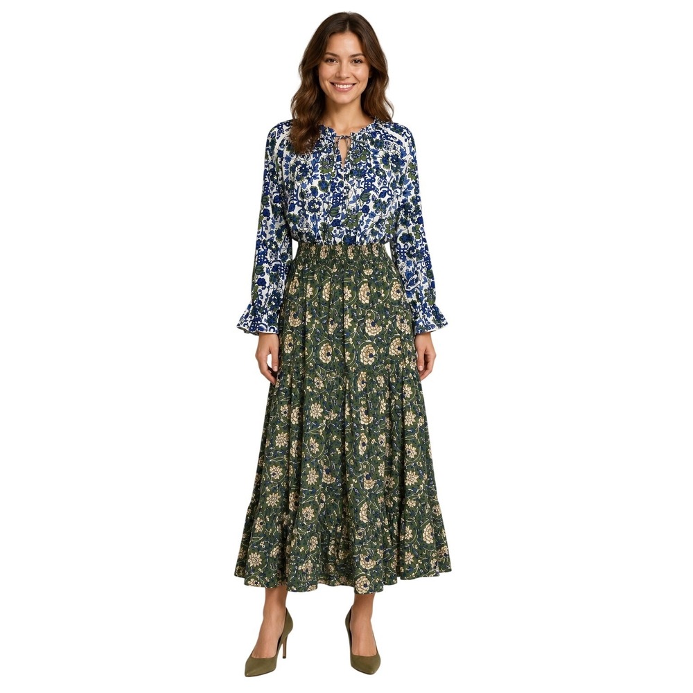 Senlis Floral Midi Dress Women M Green Blue Cotton Boho Cottagecore Romantic
